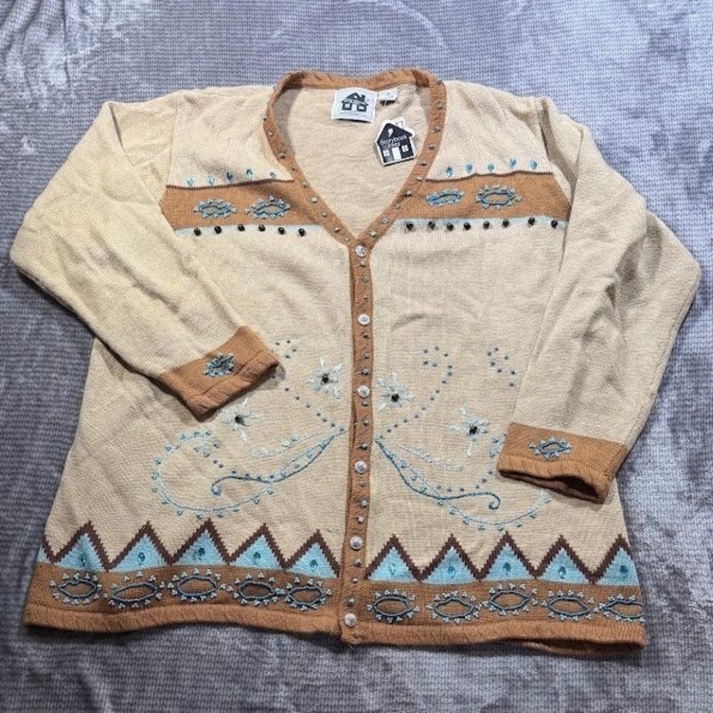 Storybook Knits Southwestern Cardigan Sweater Beaded Turquoise Tan Womens 2X NEW